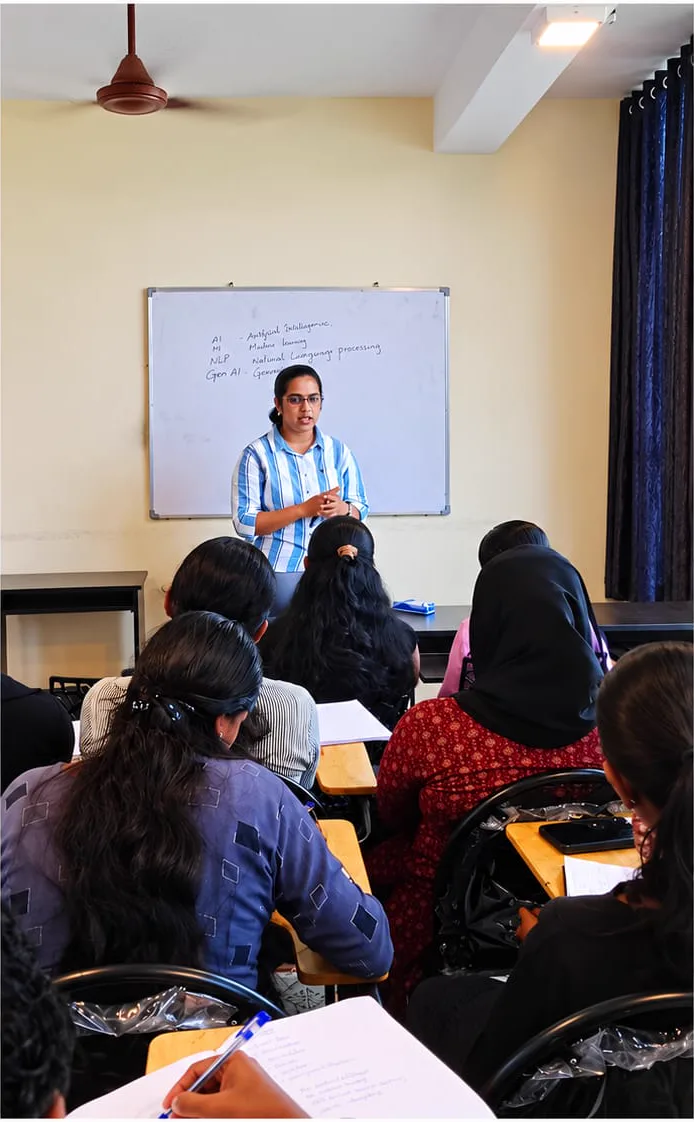 AI in Healthcare Administration class in progress at Treneywann Institute of Hospital Administration, Vyttila, Kochi — whiteboard explaining AI, Machine Learning, NLP and Generative AI