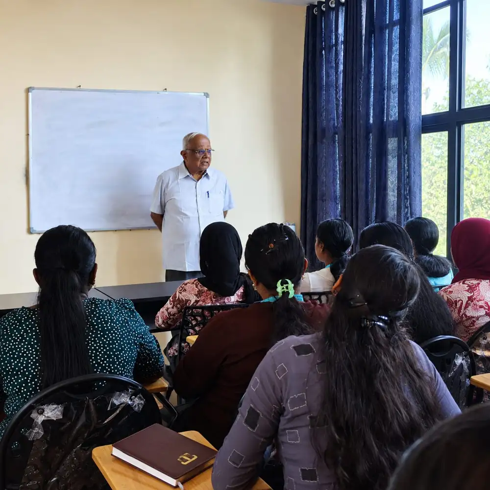 M. Ramachandran, former Director of Kerala Media Academy, taking a guest lecture on telemedicine for hospital administration students at Treneywann, Vyttila, Kochi