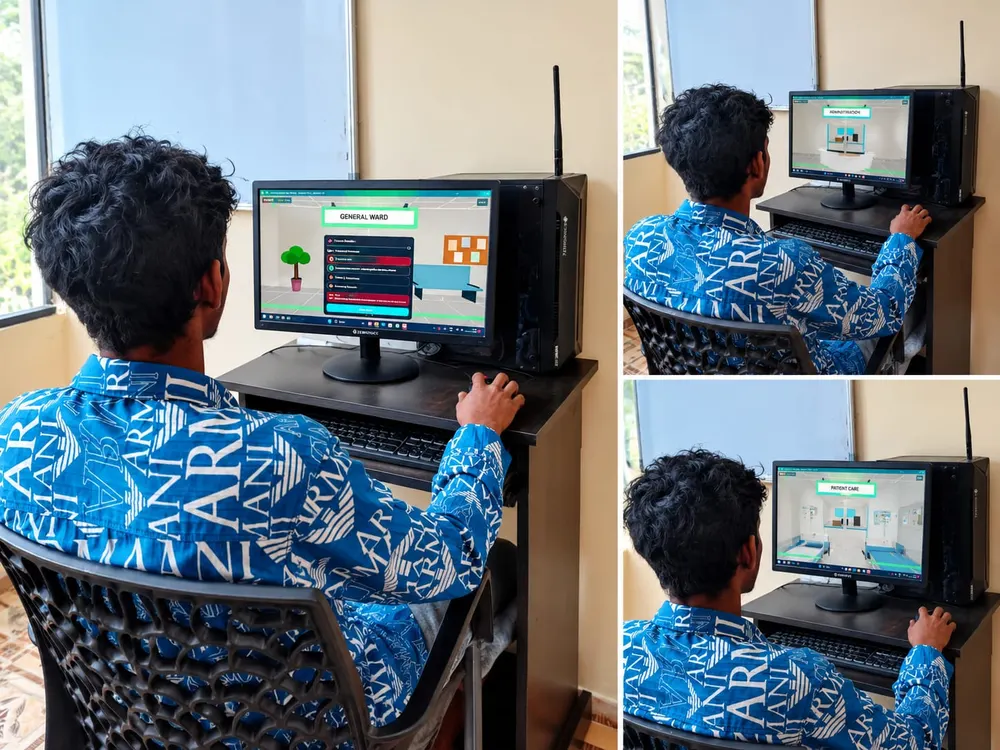 Hospital administration student practising in the HLP 3D virtual hospital (General Ward, Administration and Patient Care) in the lab at Treneywann, Vyttila, Kochi